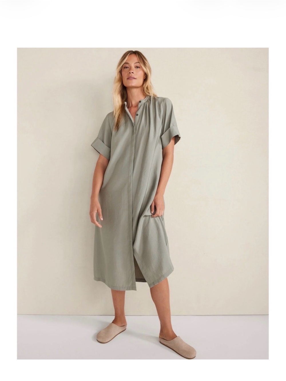 Relaxed Button-Front  Shirt Dress - Sage Green